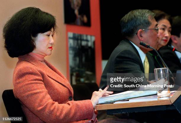 Regina Ip Lau Suk-yee, Secretary for Security, attracted by her pearl ring during a press conference held at the Central Government Offices, while...