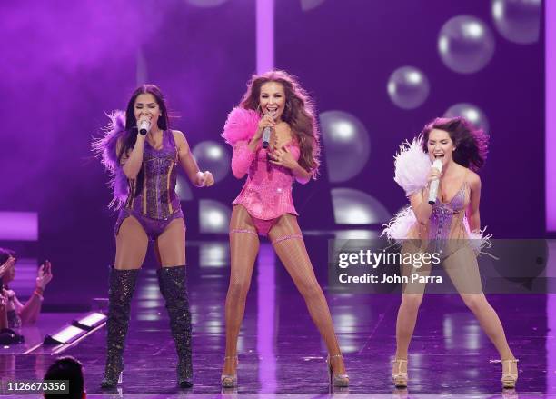 Natti Natasha, Thalia and Lali Esposito perform on stage at Univision's 31st Edition Of Premio Lo Nuestro A La Musica Latin at American Airlines...