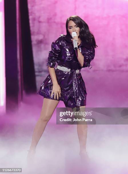 Lali Esposito performs on stage at Univision's 31st Edition Of Premio Lo Nuestro A La Musica Latin at American Airlines Arena on February 21, 2019 in...