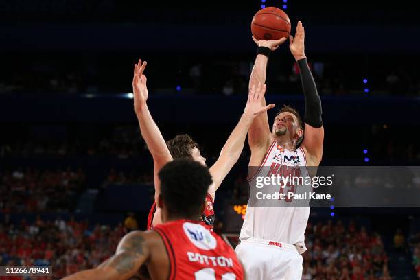 David Andersen of the Hawks puts a shot up during the round 16 NBL match between the Perth Wildcats and the Illawarra Hawks at RAC Arena on February...