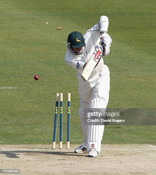 Mark Waugh of Nottinghamshire is bowled by Oliver Hannon-Dalby during the LV County Championship match between Yorkshire and Nottinghamshire at...