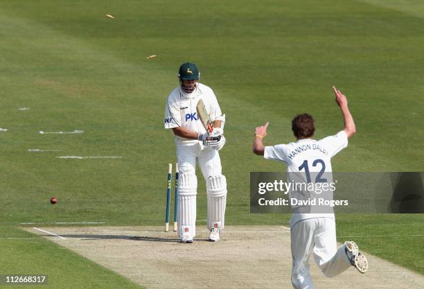 Mark Waugh of Nottinghamshire is bowled by Oliver Hannon-Dalby during the LV County Championship match between Yorkshire and Nottinghamshire at...