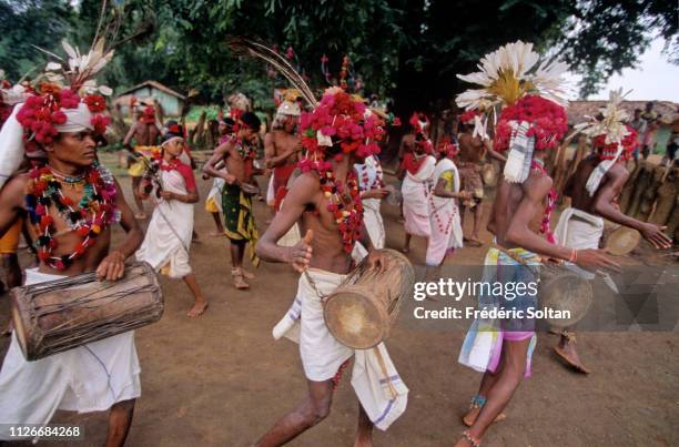 Muria Tribe in Chhattisgarh. Muria preparing a traditional dance in a village in the Bastar District. The Muria are one of the oldest original Indian...