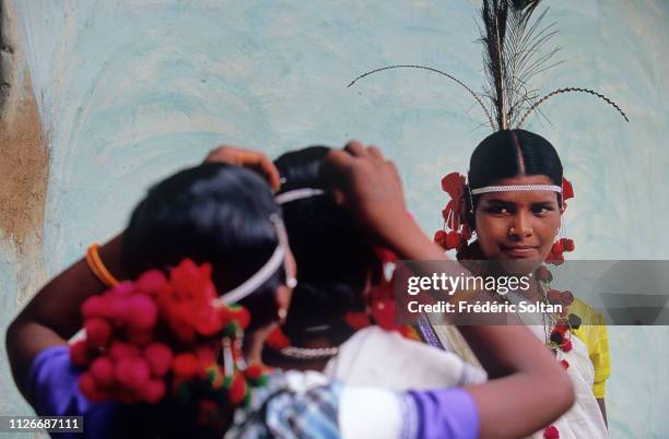 Muria Tribe in Chhattisgarh. Muria preparing a traditional dance in a village in the Bastar District. The Muria are one of the oldest original Indian...