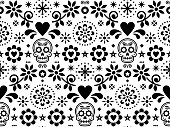 Sugar skull vector seamless pattern inspired by Mexican folk art, Dia de Los Muertos repetitive design black and white
