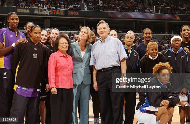 Patsy Mink, Val Ackerman, and Birch Bayh celebrate the 30th Anniversary of Title IX during halftime of the WNBA All-Star game July 15, 2002 in...