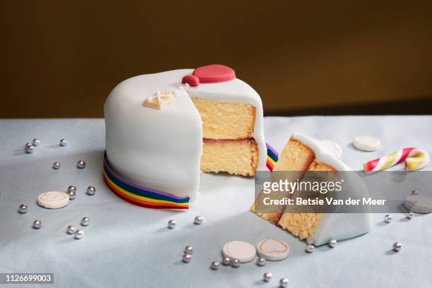 still life of  sliced birthday cake. - cake slices stock-fotos und bilder