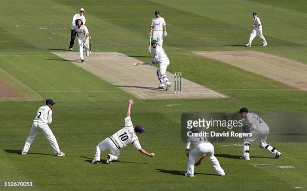 Paul Franks of Nottinghamshire is caught in the slips by Anthony McGrath off the bowling of Ryan Sidebottom during the LV County Championship match...
