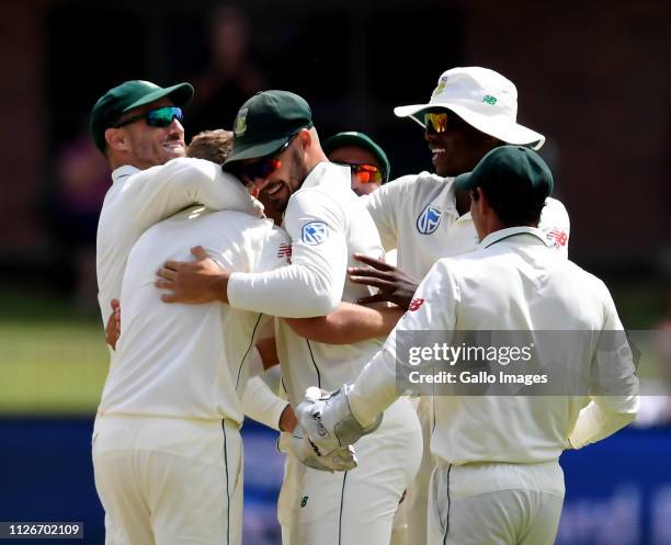 Wiaan Mulder of South Africa celebrate taking his first test wicket to dismiss Dhananjaya de Silva of Sri Lanka during day 2 of the 2nd Castle Lager...