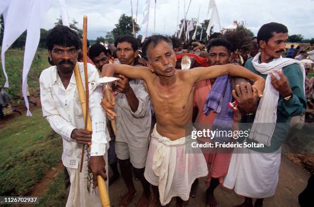 Muria Tribe Festival with the shamans in a trance in Chhattisgarh. The Muria are one of the oldest original Indian tribes, speaking a Dravidian...