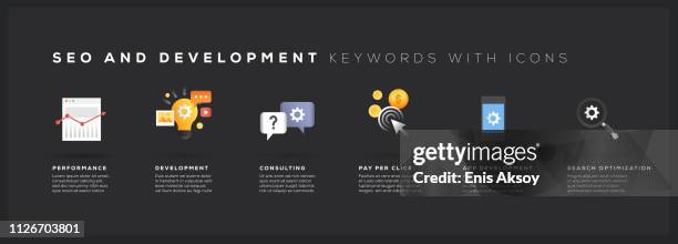 seo and development keywords with icons - customization stock illustrations