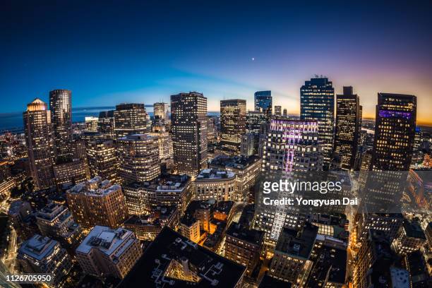fisheye view of boston skyline at dusk - boston aerial stock pictures, royalty-free photos & images
