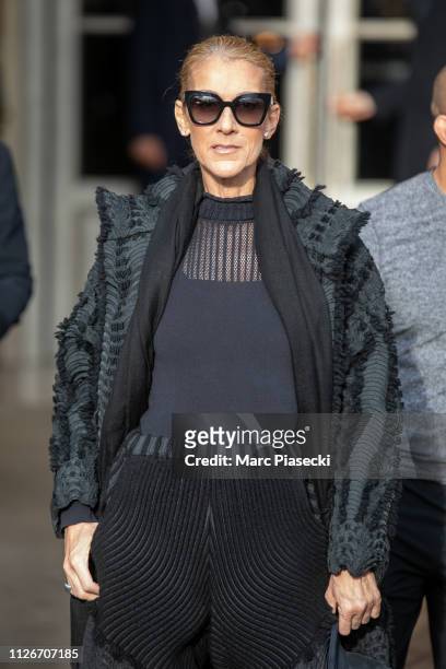 Singer Celine Dion is seen leaving the Hotel de Crillon on Place de la Concorde on February 01, 2019 in Paris, France.