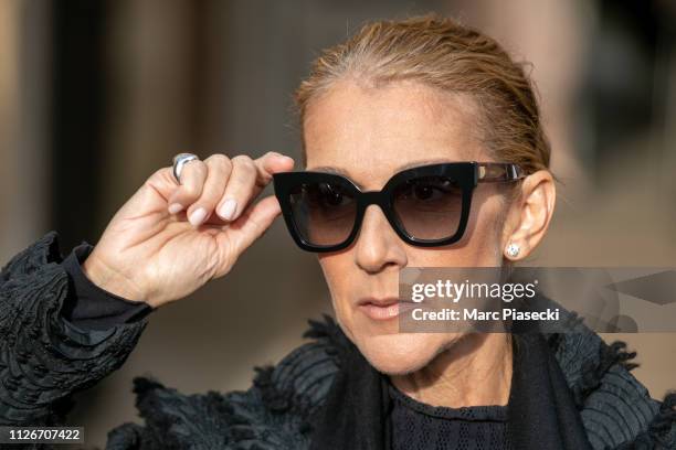 Singer Celine Dion is seen leaving the Hotel de Crillon on Place de la Concorde on February 01, 2019 in Paris, France.