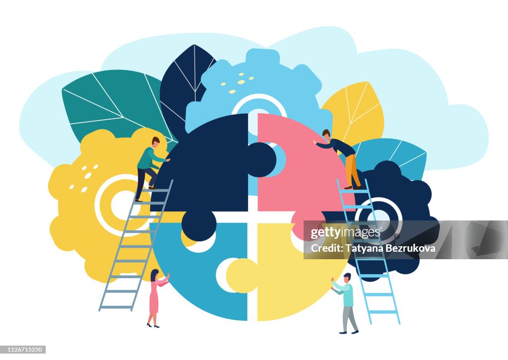 A group of businessmen involved in puzzle pieces, is to support the team, brainstorm or success