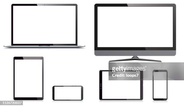 illustrazioni stock, clip art, cartoni animati e icone di tendenza di monitor per computer, laptop, smartphone e tablet digitale - monitor