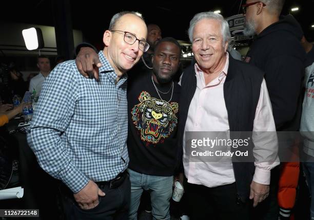 President of the New England Patriots Jonathan Kraft, Kevin Hart and Chief Executive Officer of the New England Patriots Robert Kraft attend SiriusXM...