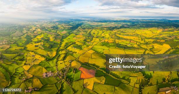 patchwork verde pasto fincas campos aldeas condado aéreas agrícolas panorama - south west england fotografías e imágenes de stock