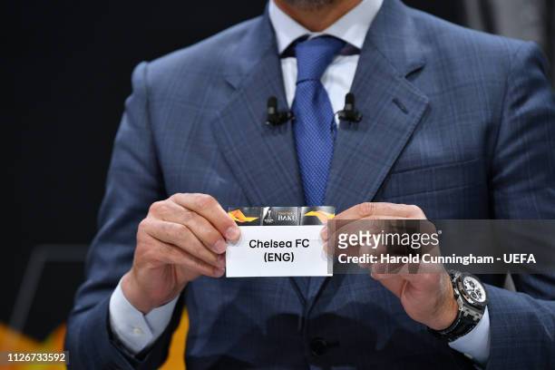 Former Spain international Andrés Palop draws out the name of Chelsea during the UEFA Europa League 2018/19 Round of 16 draw at the UEFA...