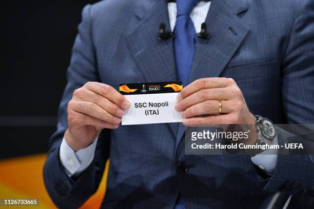 Former Spain international Andrés Palop draws out the name of Napoli during the UEFA Europa League 2018/19 Round of 16 draw at the UEFA headquarters,...
