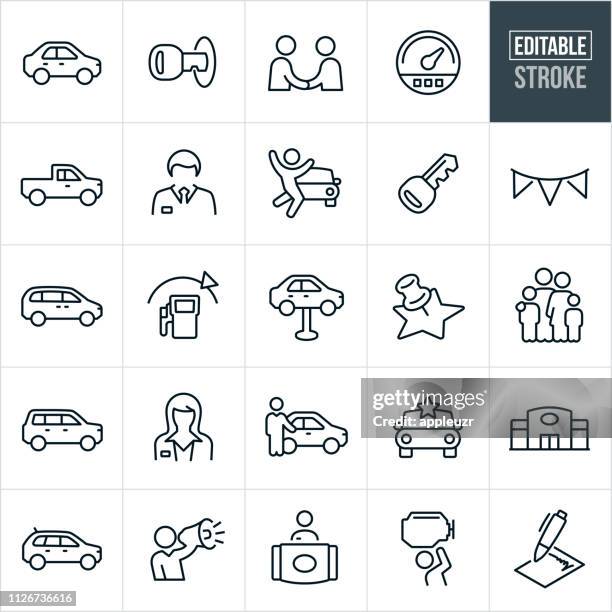 ilustraciones, imágenes clip art, dibujos animados e iconos de stock de auto concesionario delgada línea iconos - trazo editable - automoviles