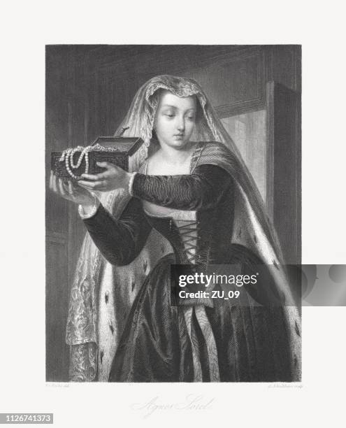 agnès sorel (1422-1450), mistress of charles vii, steel engraving, 1859 - agnès sorel stock illustrations