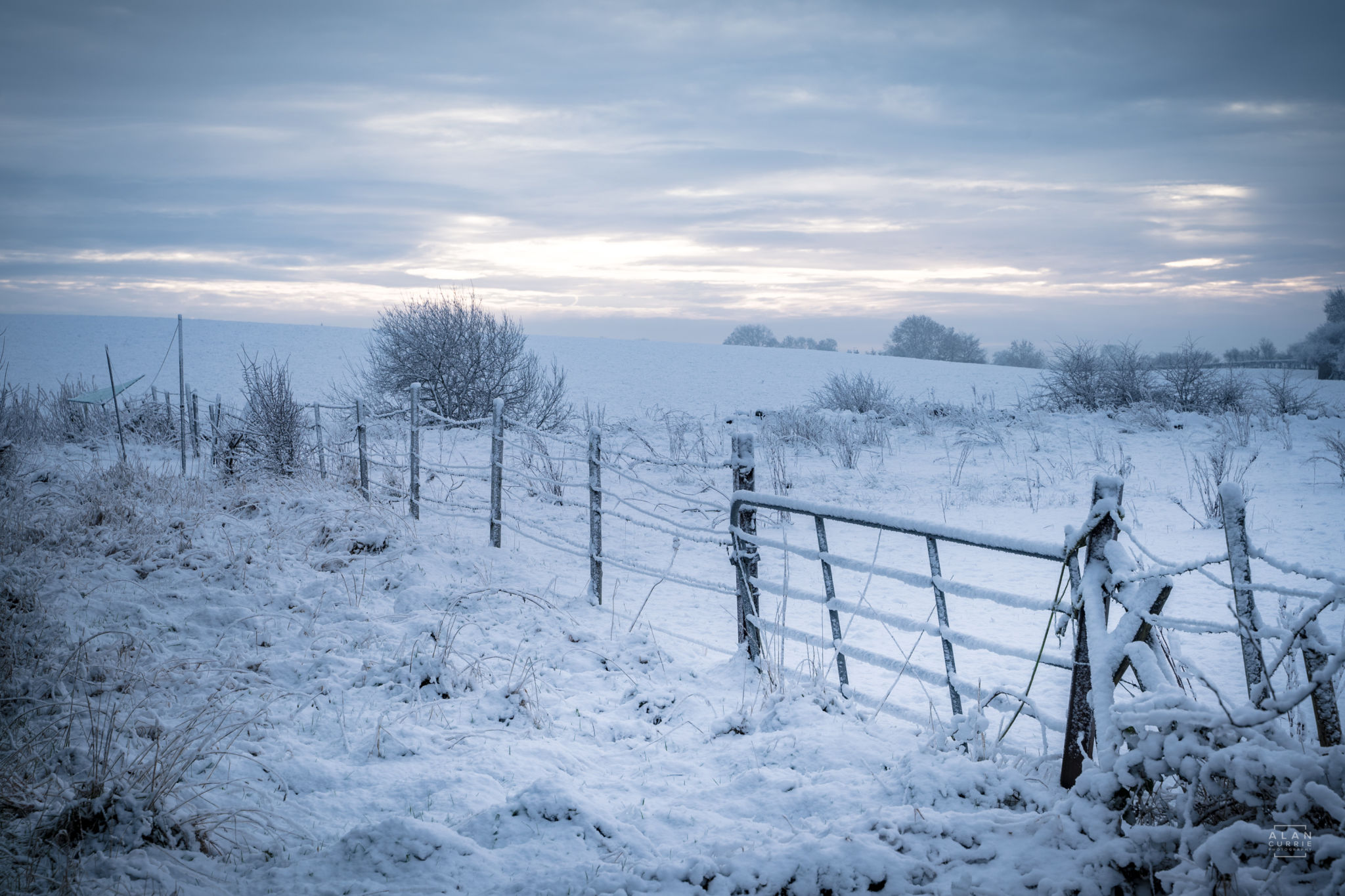 Snow scene landscape of gate and field Snow scene landscape of gate and field