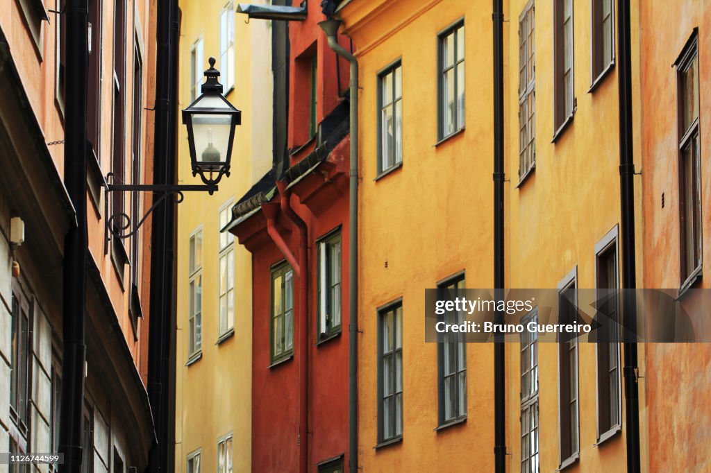 Street light against traditional building Gamla Stan's old town