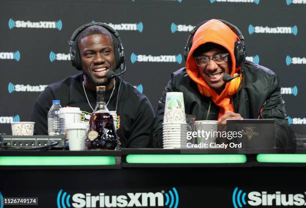 Kevin Hart and Nick Cannon attend SiriusXM at Super Bowl LIII Radio Row on February 01, 2019 in Atlanta, Georgia.