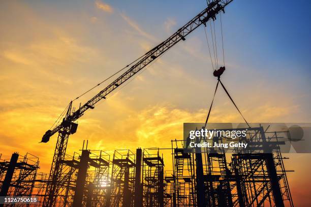 silhouette of engineer and safety officer looking construction worker pouring a concrete column on scaffolding in construction  site - construction crane asia stockfoto's en -beelden