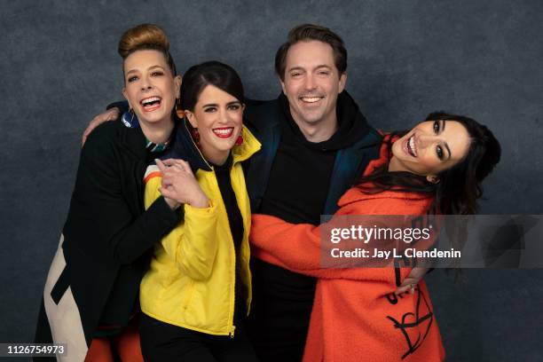 Director/writer Dawn Luebbe, actors Mary Holland, Beck Bennett and director/writer Jocelyn DeBoer, from 'Greener Grass' are photographed for Los...