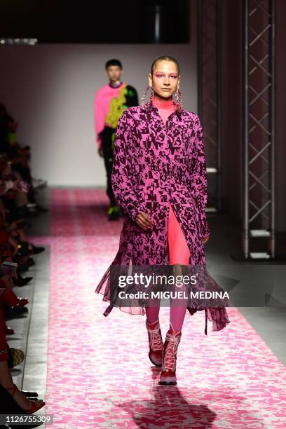 Model presents a creation during the Iceberg women's Fall/Winter 2019/2020 collection fashion show, on February 22, 2019 in Milan.