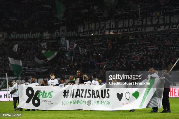 Banner against Nazism is seen prior to the Bundesliga match between Hannover 96 and RB Leipzig at HDI-Arena on February 01, 2019 in Hanover, Germany.