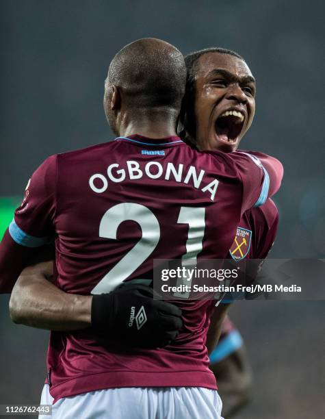 Issa Diop of West Ham United celebrate with Angelo Ogbonna of West Ham United after score 1st goal during the Premier League match between West Ham...