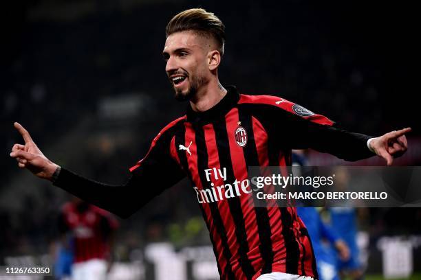 Milan's Spanish forward Samuel Castillejo celebrates after scoring during the Italian Serie A football match AC Milan vs Empoli on February 22, 2019...