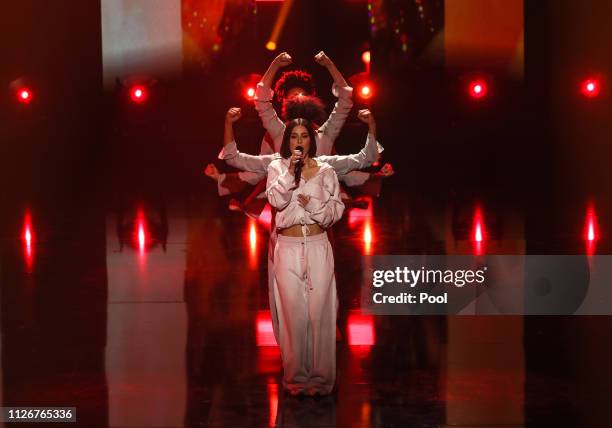 Lena performs during the show "Unser Lied fuer Israel" at Studio Berlin Adlershof on February 22, 2019 in Berlin, Germany. The winner will represent...