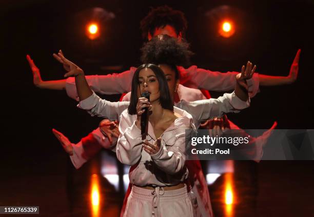 Lena performs during the show "Unser Lied fuer Israel" at Studio Berlin Adlershof on February 22, 2019 in Berlin, Germany. The winner will represent...
