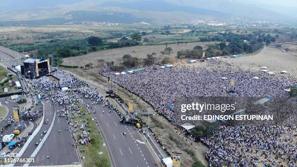 This aerial view taken from the Colombian side of Tienditas International Bridge at the border between Colombia and Venzuela, on February 22, 2019...
