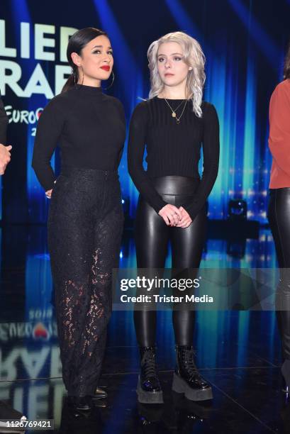 Carlotta Truman and Laurita Spinelli of the duo S!sters after winning the ARD TV show 'Unser Lied fuer Israel' at Studio Berlin Adlershof on February...