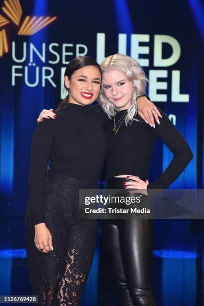 Carlotta Truman and Laurita Spinelli of the duo S!sters after winning the ARD TV show 'Unser Lied fuer Israel' at Studio Berlin Adlershof on February...