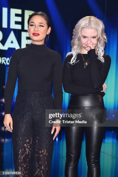 Carlotta Truman and Laurita Spinelli of the duo S!sters after winning the ARD TV show 'Unser Lied fuer Israel' at Studio Berlin Adlershof on February...