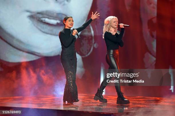 Carlotta Truman and Laurita Spinelli of the duo S!sters perform after winning the ARD TV show 'Unser Lied fuer Israel' at Studio Berlin Adlershof on...