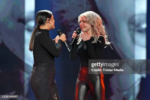 Carlotta Truman and Laurita Spinelli of the duo S!sters perform after winning the ARD TV show 'Unser Lied fuer Israel' at Studio Berlin Adlershof on...