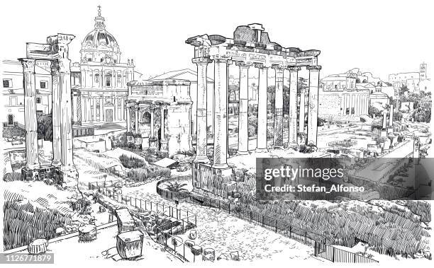 vector drawing of forum romanum, ruins of ancient rome - roman forum rome stock illustrations