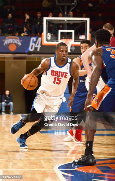 February 22: Isaiah Whitehead of the Grand Rapids Drive dribbles against the Westchester Knicks at the Westchester County Center on February 22, 2019...