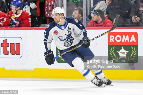 Cameron Schilling of the Manitoba Moose shifting sides against the Laval Rocket at Place Bell on February 22, 2019 in Laval, Quebec.