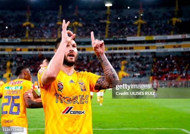 Tigres French player Andre-Pierre Gignac celebrates after scoring his 100th goal with Tigres during the Mexican Clausura 2018 tournament football...