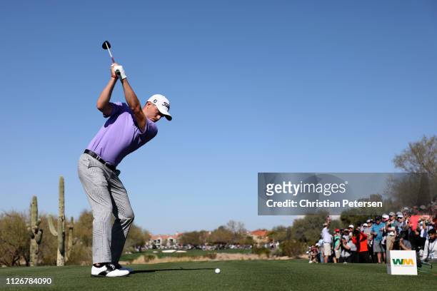 Justin Thomas plays his shot from the first tee during the second round of the Waste Management Phoenix Open at TPC Scottsdale on February 01, 2019...