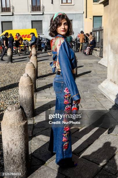 Guest outside of the Etro fashion show during the Milan Fashion Week, on February 22 2019