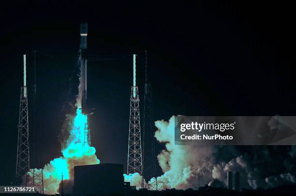 February 21, 2019 - Cape Canaveral, Florida, United States - A SpaceX Falcon 9 rocket launches on February 21, 2019 from pad 40 at Cape Canaveral Air...